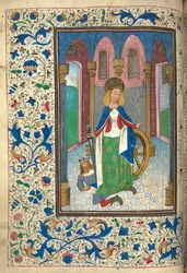 Miniatura de Catarina de Alexandria, com o imperador romano Maxêncio (Marco Aurélio Valerius Maxentius Augustus) (velino)