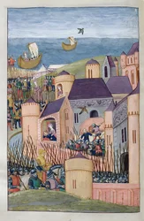 Ms 324 f.324 v. Minos sitia Megara. Cila traiçoeiramente corta o cabelo de seu pai e levanta vôo, de Metamorfoses 8 de Ovídio, 1479