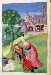 Ms 324 f.44 v. Alcithoe, Pyramus e Thisbe, Mulberry muda de cor, de Metamorphoses por Ovídio, 1479