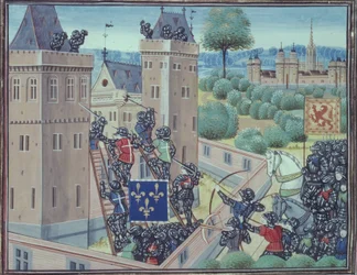 Royal 18 E.1 fol.345 A Captura do Castelo de Wark pelos Franceses e Escoceses, do Livro II de 