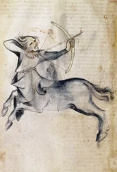 Sloane 3983 f.9v Desenho de Sagitário; de uma tradução de um tratado astrológico persa, "Liber Astrologiae" (velino)
