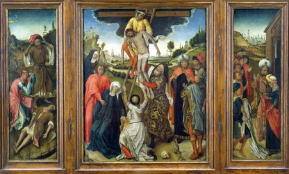 A Deposição, ladeada por (L) Adão e Eva Mourning Abel e (R) Josephs Coat Mostrado a Jacob, tríptico, c.1470 (painel)