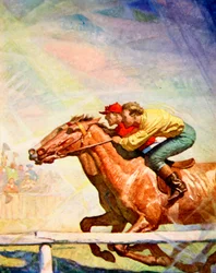 Amaldiçoando e chicoteando, o Jockey chegou ao posto vencedor (cor litho)