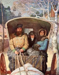 A família Fraser vestida de quente na carruagem puxada a cavalo (cor litho)