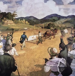 Cyrus H. McCormick (1809-84) e sua máquina de colheita em 1837 (óleo sobre tela)