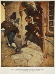 Um último corte tremendo que certamente o teria dividido ao chine se não tivesse sido interceptado por nossa grande tabuleta do Almirante Benbow, uma ilustração da Ilha do Tesouro por Robert Louis Steve.
