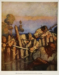 Os pensionistas enxameavam a cerca como macacos, uma ilustração da "Ilha do Tesouro", de Robert Louis Stevenson, pub. Filhos de Charles Scribner, 1911