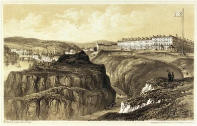 Whitby, Khyber Pass (Inglaterra), com uma vista geral dos edifícios e do forte da cidade. Litografia, gravada por Newman  Co, publicada por S.Reed.