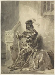 Cavaleiro medieval sentado de couraça