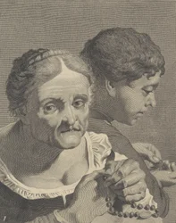 Cópia no verso de uma velha com um rosário e um menino contando moedas, prato 10 fr..., ca. 1750-90.