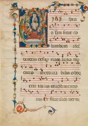 Folha Manuscrito com a Assunção da Virgem em um V inicial, de um Antifonário, ca. 1340.