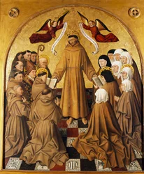 Painel do Altar, São Francisco entrega a Regra aos seus seguidores (Frades Menores e as Clarissas Pobres)