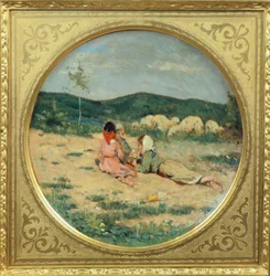 Placa pintada com figuras de pastores, de Niccolo Cannicci, Circa 1880, óleo sobre placa de terracota