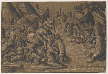 Cloelia, a heroína romana no centro sendo ajudada a montar um cavalo, Roma ao fundo,..., 1540-50