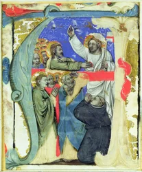 Historiated inicial &39;A&39; representando a Incredulidade de St. Thomas, c.1370