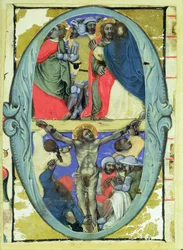 Inicial historiada «O» representando o Beijo de Judas e a Crucificação, cerca de 1370