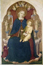 Madonna entronizou com Child e dois devotos. Pintura de Niccolo di Pietro Gerini