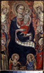 A Virgem com Criança, Santos e Anjos. A Virgem com Criança, Santos e Anjos. Pintura de Niccolo di Pietro Gerini (ca. 1350-1415). Arte florentina, Idade Média. Tempera sobre madeira. Museu Hermitage, São Petersburgo