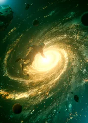 Astronauta num redemoinho galáctico