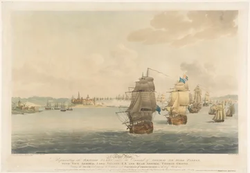 Segundo Pocock, esta gravura representa a frota britânica sob o comando do almirante Sir Hyde Parker, com o vice-almirante Lord Nelson, K.B. e o contra-almirante Thomas Graves