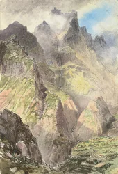 O Grande Curral, Madeira, com um grupo de turistas em primeiro plano, o Pico Grande mais além (aguarela sobre papel)