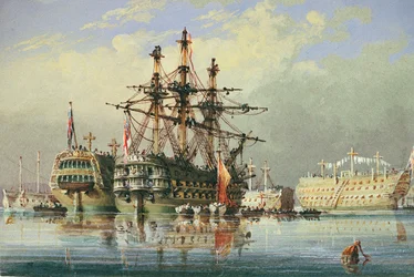 Navios em Devonport, c.1850 (aguarela)