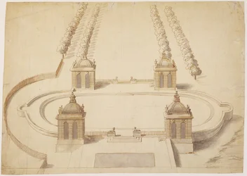 Design para um Bowling Green, Hampton Court, c.1689-91 (caneta e tinta marrom, lavagem e grafite sobre papel)