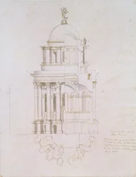 Elevação, corte transversal e plano de um batistério não realizado para a Catedral de São Paulo, c.1711-12 (caneta e tinta no papel)