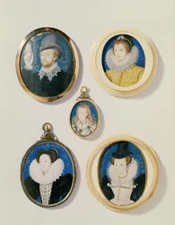 Miniaturas, de L a R, T a B: Homem com uma mão de uma nuvem; Jovem Desconhecido, 1588; Holland, de 26 anos de idade, 1593; Arabella Stuart, Duquesa de Lennox; Senhora Desconhecida