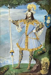 Retrato de George Clifford, terceiro conde de Cumberland (1558-1605), navegador. Miniatura a aguarela sobre pergaminho de Nicholas Hilliard (1547-1618), ca. 1590