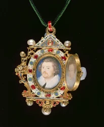 A jóia de Gresley, com retratos em miniatura de Sir Thomas Gresley e sua noiva Catherine Walsingham (ver também 14569)