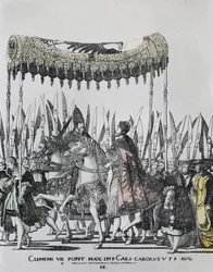 Hogenberg, Nicolas (1500-1539). A coroação de Carlos V em Bolonha. Carlos V (1500-1558). Imperador do Sacro Império Romano-Germânico (1519-1556) e rei de Espanha (1516-1556), como Carlos I; Clemente VII (1478-1534). Papa entre 1523 e 1534