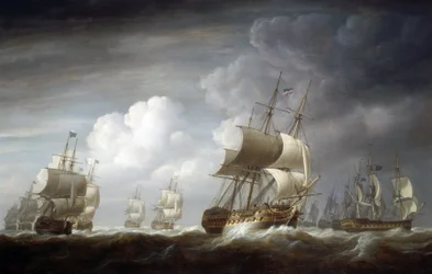 Uma frota de navios indianos, navios britânicos da Companhia de Comércio das Índias Orientais. Óleo sobre tela