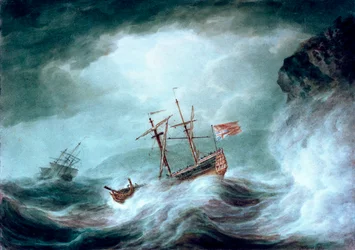Uma tempestade, com um navio ancorado em perigo ao largo de uma costa rochosa
