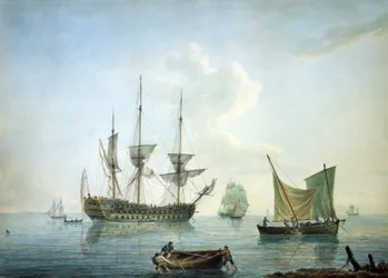 Fragata de terceira classe (70 canhões), um barco de pesca e outros barcos ao largo da costa sul de Inglaterra