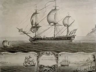 Vistas da Fragata Blandford na Passagem para as Índias Ocidentais e no Comércio na Costa de África, c.1760 (caneta e tinta e lavagem)