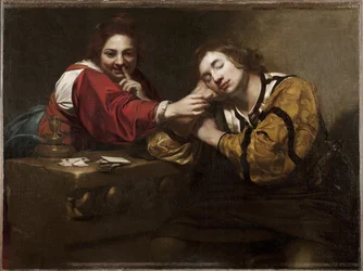 Cena de bonne aventure (un dormeur reveille par une jeune femme) - Fortune Telling Scene (Sleeper Awakened by a Young Woman), de Renieri, Niccolo (Nicolas Regnier) (c. 1590-1667). Óleo sobre tela