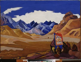 O estandarte de quem vem. (da suite Maitreya). (Budismo Tibetano). Trabalho de Nicholas Roerich (1874-1947), tempera a bordo
