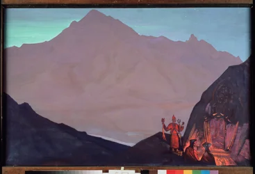 Chenrezig (Bodhidattva de compaixão dedicado ao Dalai Lama, ou Avalokiteshvara). Tibete ocidental no Himalaia. (Monges budistas prestam homenagem à sua representação gravada na parede da montanha do Himalaia). Pintura de Nicolas (Nicholas) Roeri