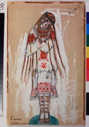 Traje para uma personagem feminina no ballet "The Rite of Spring" de Igor Stravinsky (1882-1971). Trabalho de Nicolas (Nicholas) Roerich (1874-1947), guache sobre papelão