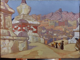 Mensageiro da boa sorte (da sequela Maitreya). O budismo tibetano. Trabalho de Nicholas Roerich (1874-1947), tempera a bordo