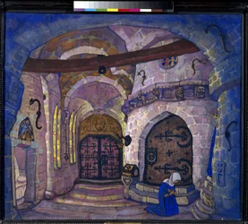 No mosteiro. Decoração preparatória para a ópera Irmã Beatrice de A. Davydov. Trabalho de Nicholas Roerich (1874-1947), tempera a bordo