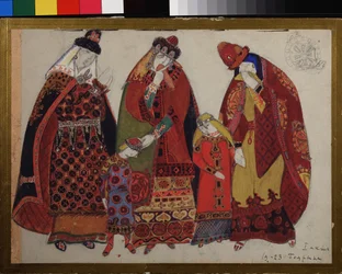 Mulheres e crianças. Desenhos de trajes para o Príncipe Igor da ópera de Alexander Borodin (Borodin) (1833-1887). Trabalho de Nicholas Roerich (1874-1947), lápis, guache e tinta sobre papel