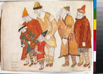 Pessoas. Fantasias para a ópera "Príncipe Igor" de Alexander Borodin (Borodin) (1833-1887). Trabalho de Nicolas (Nicholas) Roerich (1874-1947), aguarela e guache sobre papel