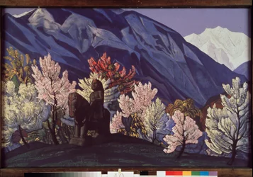 Guga Chohan. Vale de Kulu (Índia). (Estátua equestre entre as árvores floridas dos Himalaias). Pintura de Nicolas (Nicholas) Roerich (1874-1947), tempera sobre tela