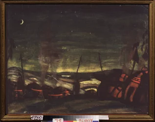 O campo polovtsiano (ou Couman, Kouman), à noite. Decoração preparatória para a ópera Príncipe Igor de Alexander Borodin (Borodin) (1833-1887). Trabalho de Nicholas Roerich (1874-1947), tempera sobre papel