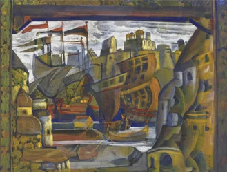 Le marche de Novgorod - O Mercado de Novgorod. Desenho do palco da ópera Sadko de N. Rimsky-Korsakov, de Roerich, Nicholas (1874-1947). Tempera sobre tela
