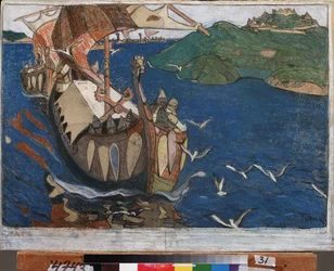 Visitantes ultramarinos Os Varangians (ou Rus) na Rússia. Vikings dinamarqueses e suecos, que percorreram todo o sistema fluvial dos territórios orientais e construíram fortes. Obra de Nicholas Roerich (1874-1947), têmpera sobre papelão