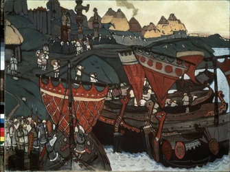 Eslavos no Dnieper: Varegues (ou Rus) no rio. Trabalho de Nicholas Roerich (1874-1947), tempera e pastel a bordo