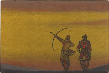 Polovtsianos, um com um arco, figurinos de "Danças Polovtsianas" da ópera de Borodin "Prince Igor", 1943